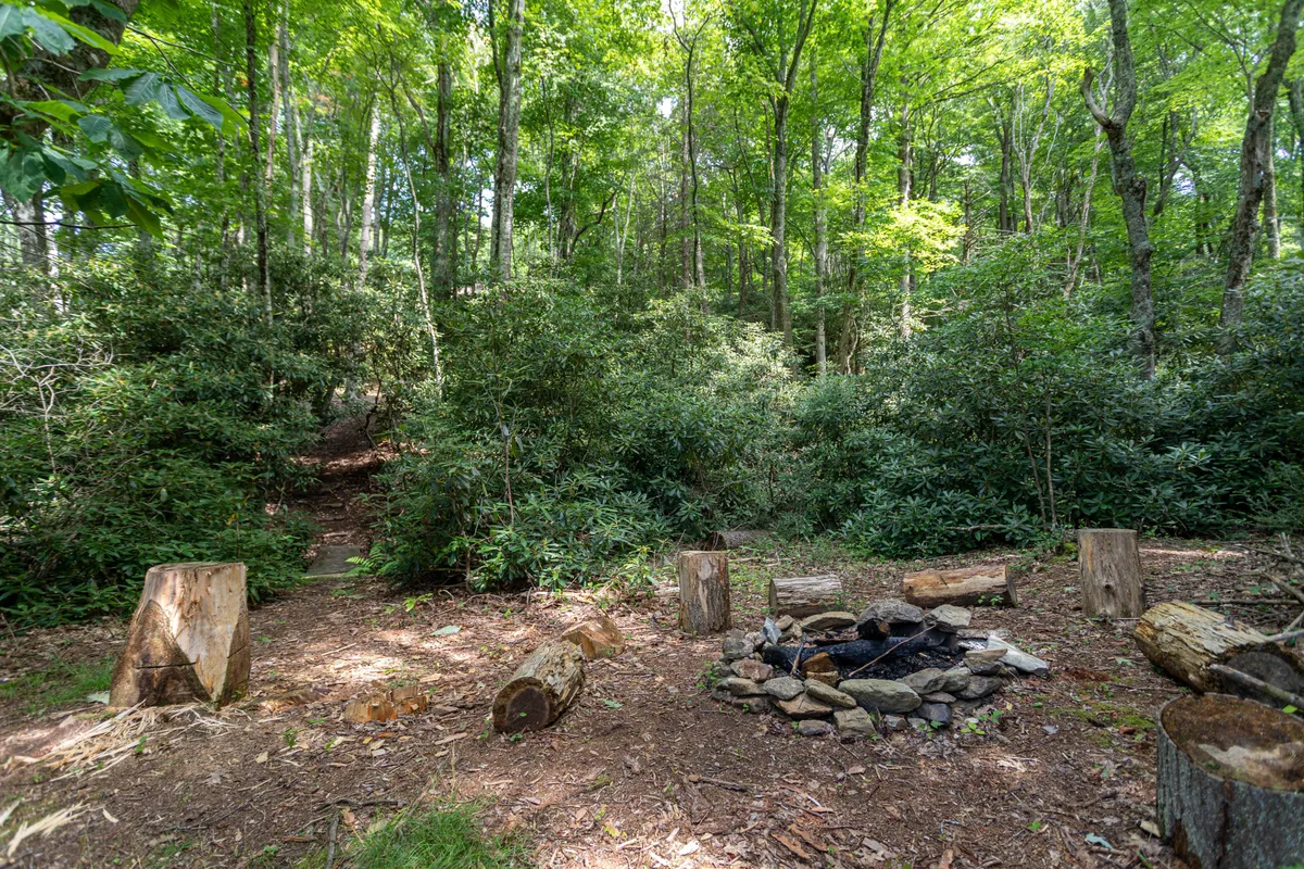 A serene fire pit encircled by rustic seating logs and surrounded by tall trees, this image radiates a sense of adventure and tranquility. The setting is perfect for evening campfires, storytelling, and connecting with nature, whether under summer stars or surrounded by winter snow.